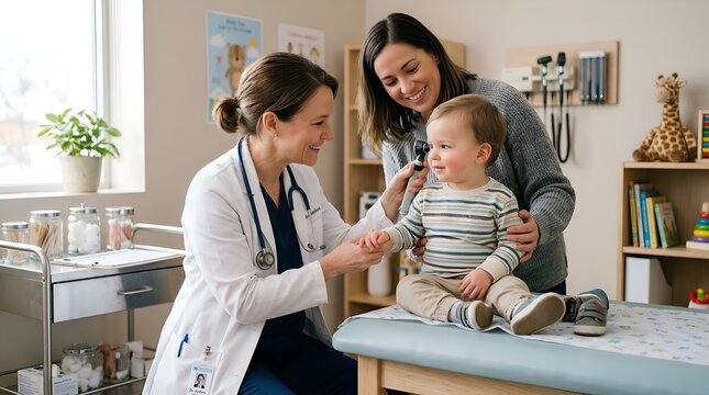 Pediatrician Examining Baby's Ear in Doctor's Office