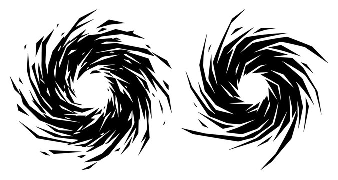 Spiral vortex silhouettes with sharp shattered edges in minimalist black and white style