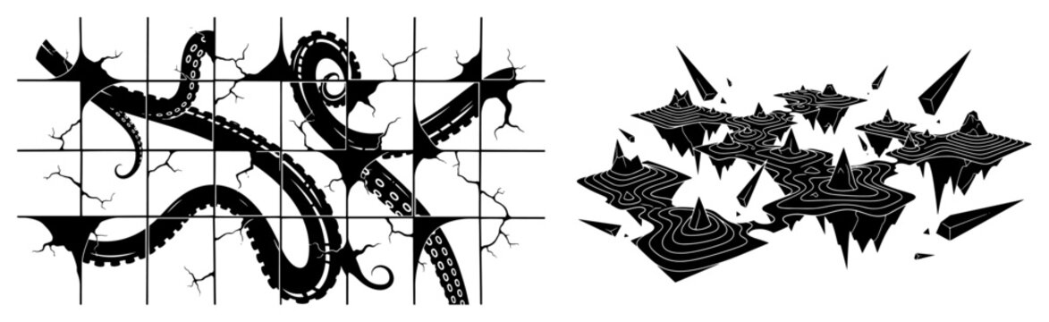 Surreal illustrations featuring kraken tentacles breaking tiles and floating topographic islands in vector graphic style