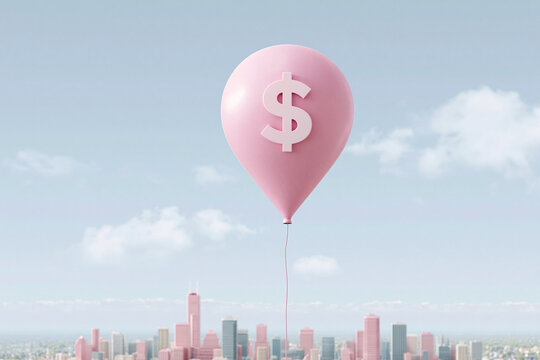 Pink balloon floats above city skyline. White dollar sign adorns the balloon. Sky is light blue with wispy clouds. Buildings stretch beneath the balloon