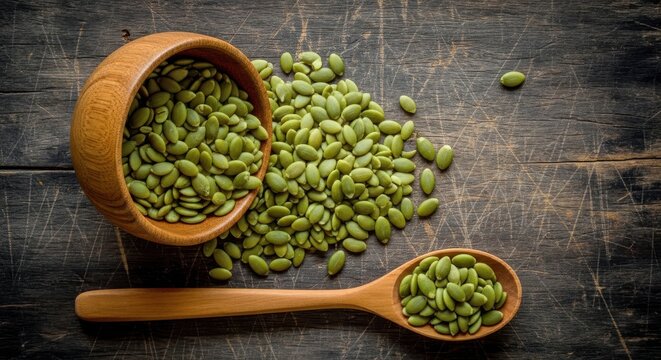 Raw pumpkin seeds in a wooden bowl and spoon on a rustic wooden table
