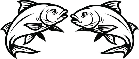 Obraz premium Jumping fish Black and white graphic illustration