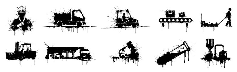 Obraz premium Industrial manufacturing and logistics icons set with grunge paint splatter effect