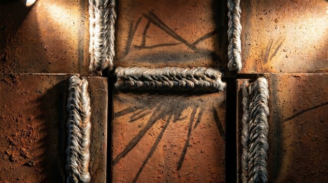 Close-up of heavy industrial welding on rusted metal plates showing strong weld beads and gritty metallic texture.