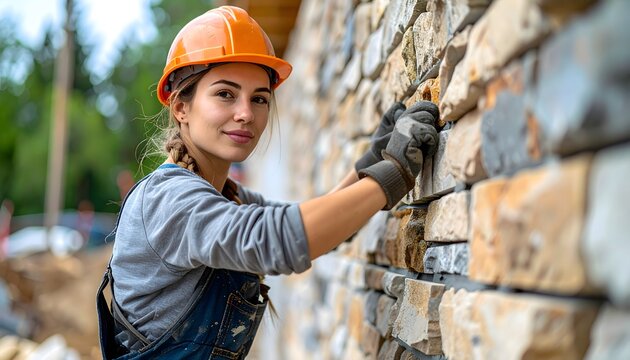 Trabajadora de construcci&oacute;n con casco y guantes colocando ladrillos en una obra al aire libre