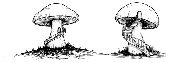 surreal fairytale mushroom houses with spiral staircases line art sketch © Logan