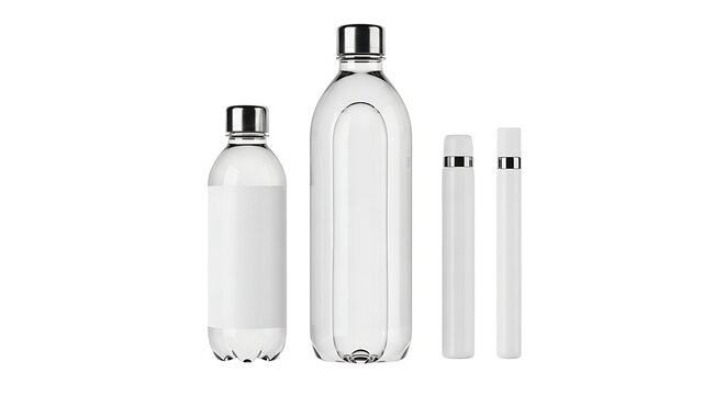 isolated plastic water bottles and slim cylindrical containers for liquid hydration packaging branding design mockups