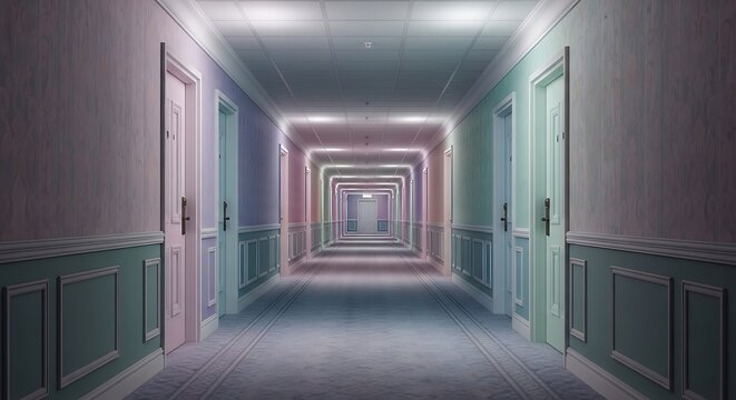 Symmetrical hotel hallway featuring pastel colored doors and classic wainscoting panels in a long perspective view with soft recessed ceiling lighting effects