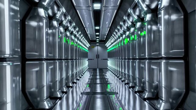 Futuristic server corridor with glowing green lights modern data center interior creates immersive sci-fi tunnel experience. Advanced technology hallway metallic walls reflect innovative digital world