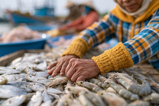 Hands gently handle fresh shrimp piled on wooden surface. Person wears colorful knitted sweater, focused on sorting catch. Background shows boats and market activity, blurred for depth
