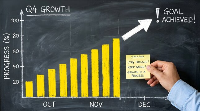Hand placing a sticky note on a chalkboard showing a bar chart representing q4 growth and goal achieved milestone