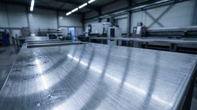 Close-up of a brushed stainless steel industrial workbench in a modern metal fabrication factory with blurred machinery and bright overhead LED lighting in the background hall.