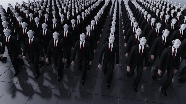 Endless 3d loop animation of humanoid robots in business suits walking together. Concept of corporate automation, future workforce and artificial intelligence taking over office jobs.