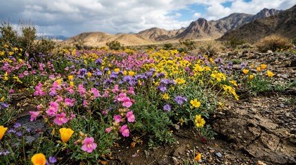 Obraz premium Vibrant Desert Wildflower Bloom in Spring with Mountains and Clouds