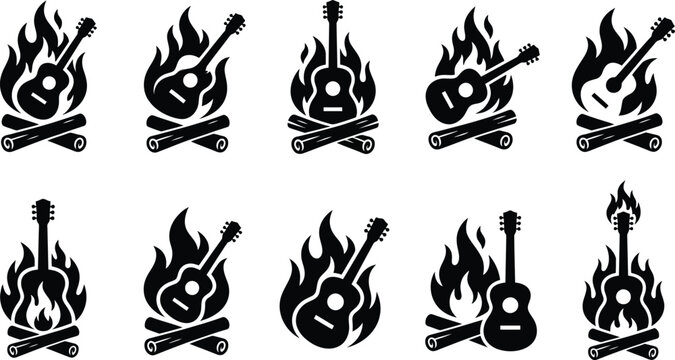 Solid black silhouette guitar and campfire icons for camping and music.
