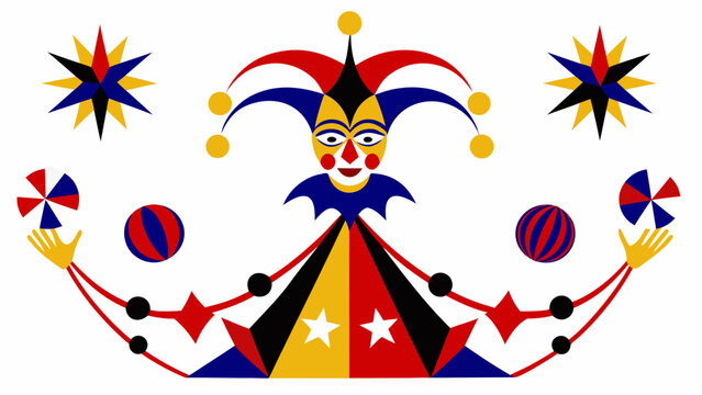 A colorful vector illustration of a jester's silhouette in a juggler pose with vibrant stars and balls on a white background conveying joy and playfulness