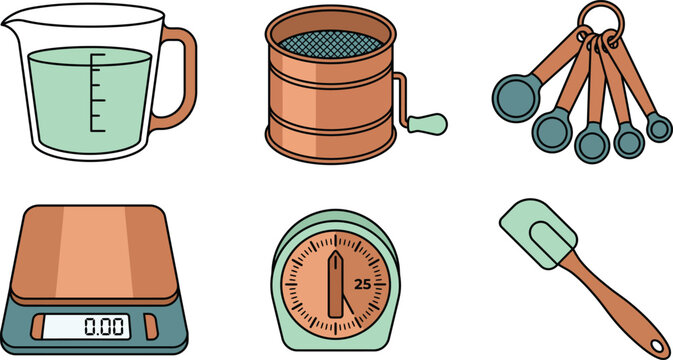 Set of kitchen baking tools including measuring cup sifter spoons scale timer and spatula flat vector illustration for cooking and recipes