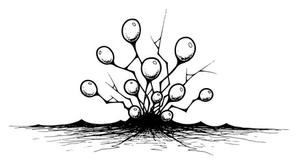 Spooky alien plant with bulbous spores growing from cracked ground in hand drawn ink engraving style © Logan