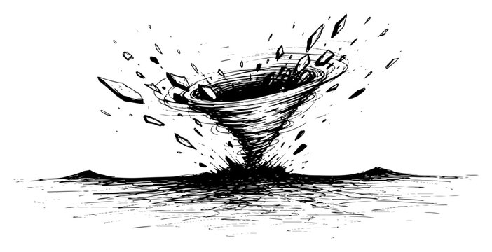 Tornado whirlwind with flying debris and shattered particles in hand drawn engraving style