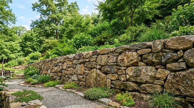 Rustic Stone Wall Bordering a Lush Garden Path Under a Sunny Sky