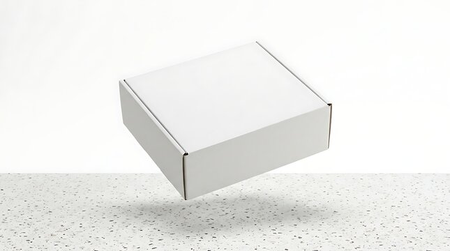 Isolated square cardboard mailer box mockup floating above speckled stone surface for product branding and packaging design