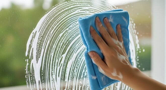 Closeup of a persons hand cleaning a glass window with a blue microfiber cloth and soapy water