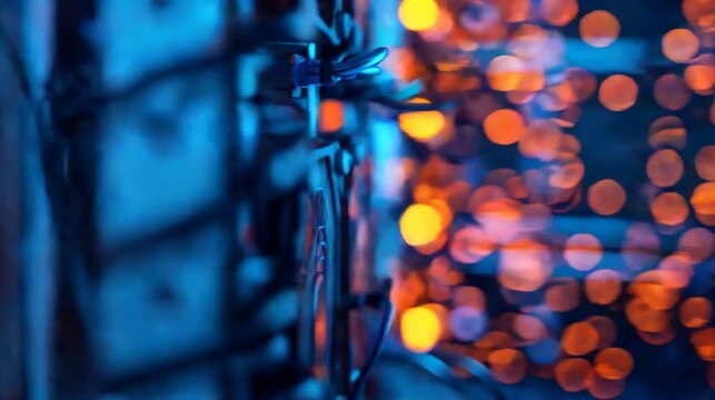 Futuristic Cyber Technology Background with Glowing Computer Cooling Fans and Blurry Digital Lights
