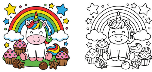 Cute cartoon unicorn sitting under rainbow with sweet cupcakes vector illustration set with coloring book page version for kids © MSTA