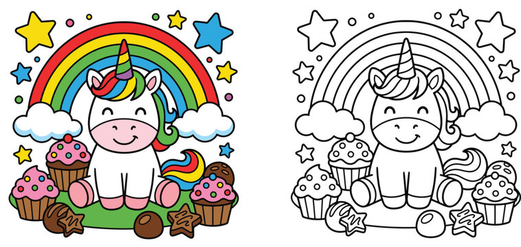 Cute cartoon unicorn sitting under rainbow with sweet cupcakes vector illustration set with coloring book page version for kids