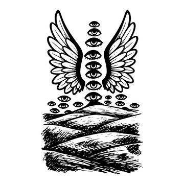 Biblically accurate angel wings with multiple floating eyes over a textured landscape in gothic ink sketch style