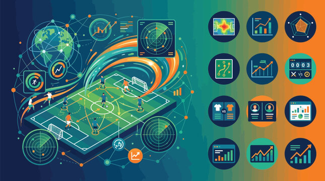 Soccer data analytics and sports performance tracking illustration featuring an isometric football field with tactical movement lines, heatmaps, radar charts, and statistical icons.