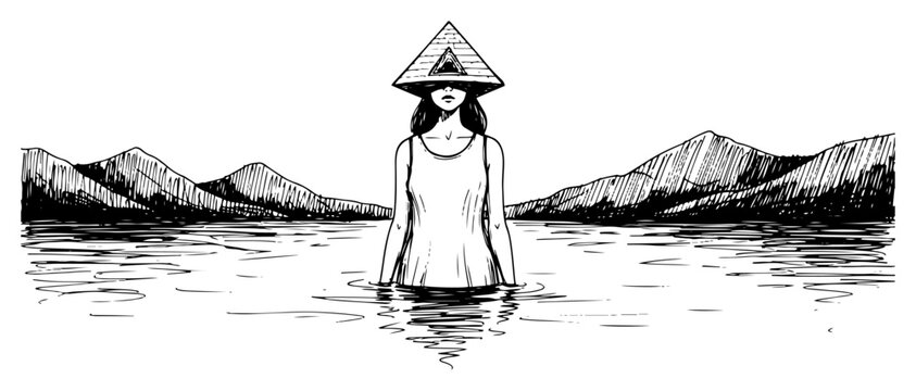 Mysterious woman wearing pyramid hat with eye standing in lake in detailed engraving style