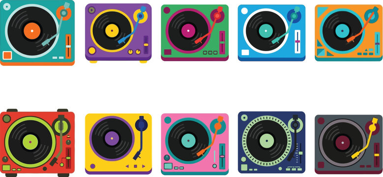 Colorful array of modern dj turntables and record players with records.