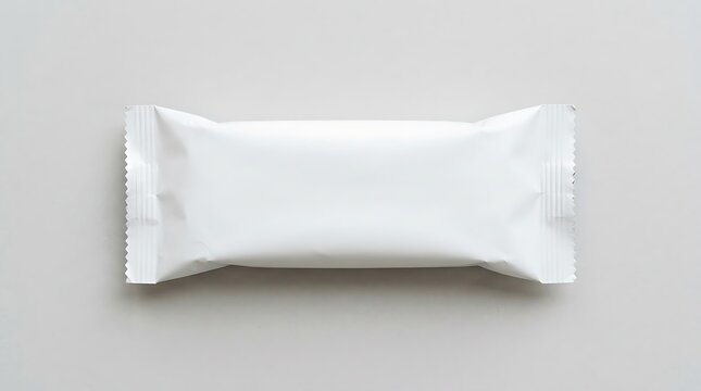 Isolated rectangular white candy bar wrapper mockup with crimped edges for snack food branding and packaging design