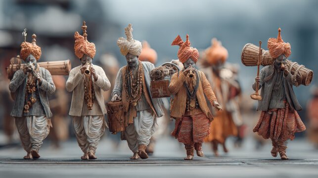 Procession of traditional musicians in vibrant attire embodying cultural expression