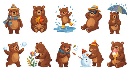 Fototapeta premium Cute cartoon bears illustrating various seasonal activities and emotions from winter to summer.