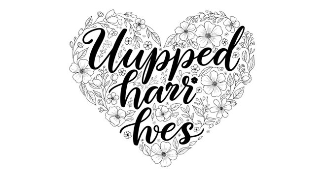Heart shape floral design with hand-drawn lettering "Upped harri hves"