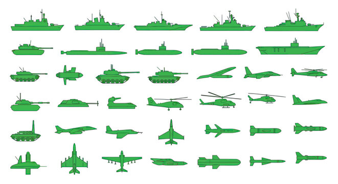 Military Vehicles Set: Warships, Tanks, Aircraft, Helicopters, Submarines, Missiles