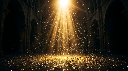 Obraz premium Golden light beam shining down into a dark stone cathedral interior with floating dust particles and glowing debris