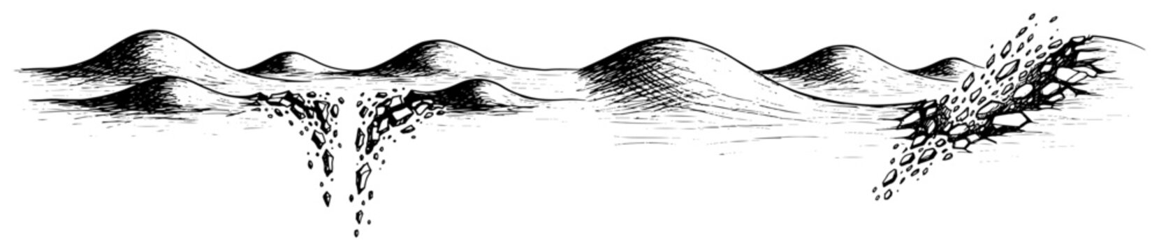Desert dunes landscape with pouring sinkhole and crumbling landslide in vintage engraving style