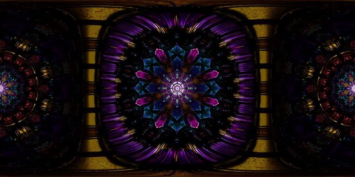 Spiritual VR 360 mandala loop built in sacred geometry as equirectangular HDRI spherical map, crafted for dome projection, metaverse worlds and immersive VJ visual environments
