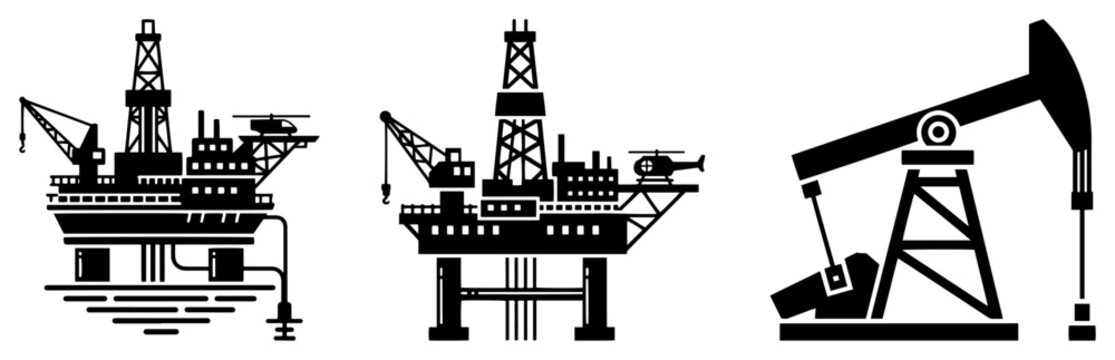 Offshore drilling platform and land pumpjack oil extraction icons in black silhouette style
