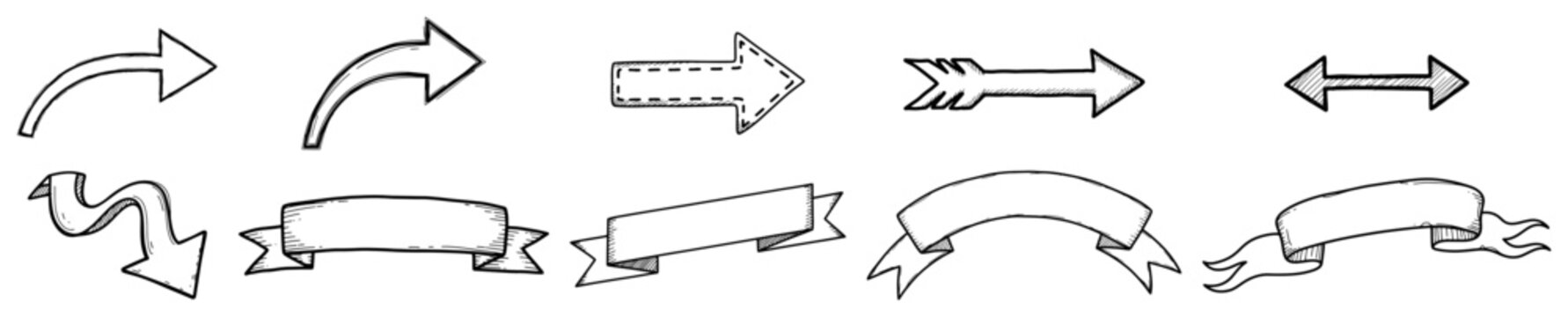 Directional arrows and ribbon banners design elements set black ink sketch style