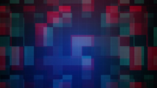 Abstract digital hacking background with flickering red and blue pixel blocks on a dark grid interface for technology intro and cyber security motion graphics loop