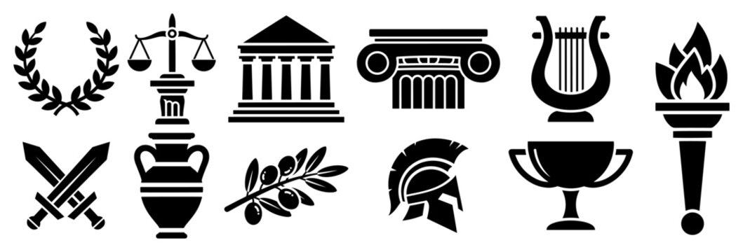 Ancient Greek and Roman history glyph icons set in flat vector style