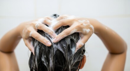 Naklejka premium Person washing hair with shampoo in the shower