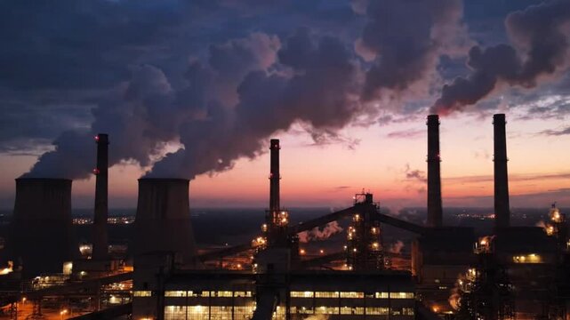 Industrial power plant smokestacks emitting plumes of smoke against a dramatic twilight sky at dusk