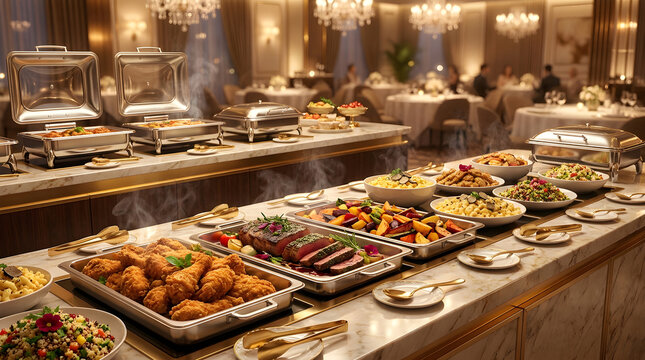 Variety of food on a buffet table with chafing dishes