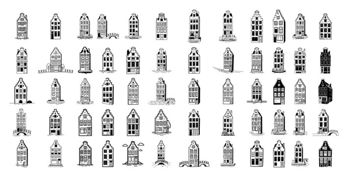 Amsterdam canal houses and traditional Dutch architecture facades collection in black silhouette style