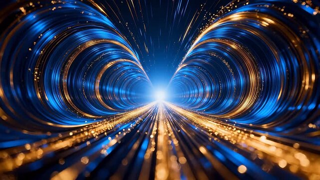 Blue and gold circular tunnel with bright center light and radial streaks